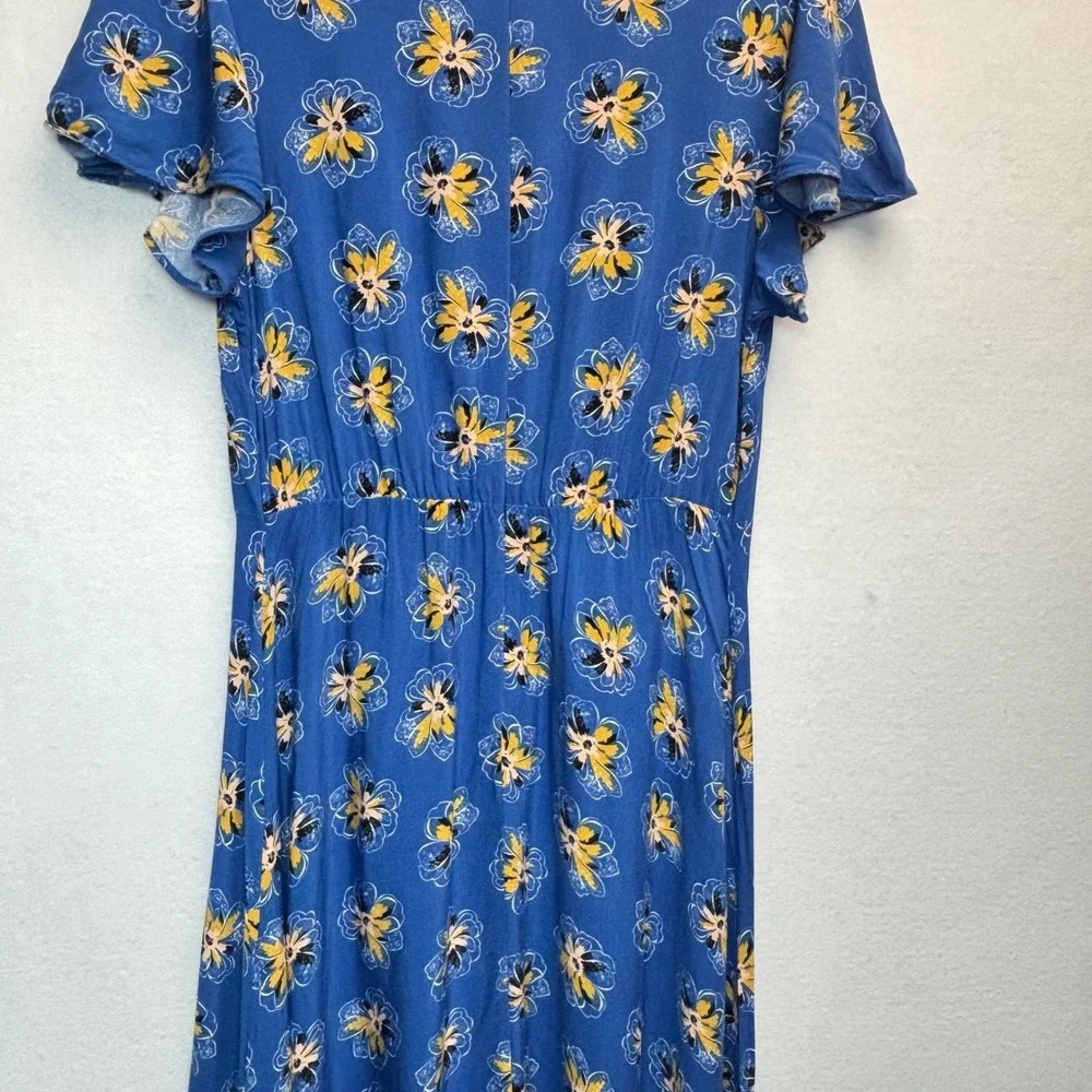Floral Flutter Sleeve Dress Cottagecore Prairie Blue Rayon Spring Summer Flowy M
